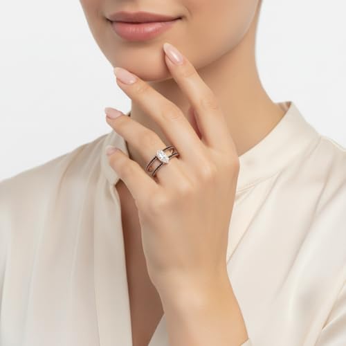 Image of Choose Your Gemstone Marquise Bezel Set Diamond CZ Band Rose Gold Plated Marquise Shape Split Shank Engagement Ring Lightweight Office Wear Everyday Gift Jewelry US Size 4 to 12