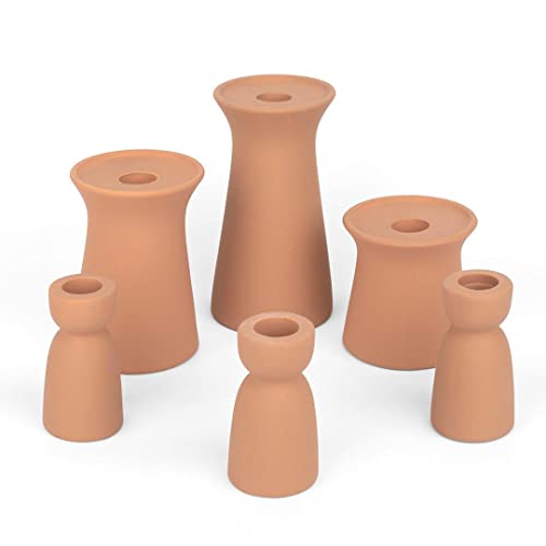 Koyal Wholesale Matte Terracotta Ceramic Pillar and Taper Candle Holders, Modern Boho Stoneware Candle Holders, Set of 6