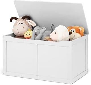 COSTWAY Kids Toy Storage Box, Wooden Children Toys Chest Organizer Cabinet Bench with Flip-Top Lid and Safety Hinge for Playroom Bedroom (White)