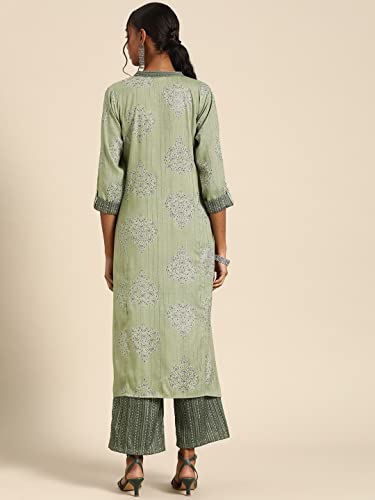 Image of Rapsodia Women's Green & Grey Gotta Patti Gold Foil Printed Straight Kurta with Palazzo.