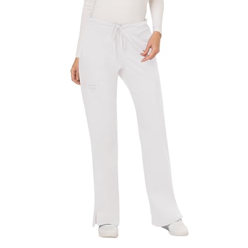 Cherokee Scrub Pants for Women Mid Rise Flare Yoga Scrubs Pant,2-Way Stretch Drawstring Medical Bottoms,5 Pockets-WW120, White, L Petite by Cherokee - Used condition - US$18.97