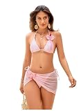 OYOANGLE Women's 3 Piece 3D Floral Cheeky Bikini Set Triangle String Thong Swimsuit with Cover Up Skirt Pink Small