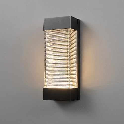 Image of Globe Electric 16W LED Integrated Matte Black Outdoor Wall Sconce with Ribbed Glass