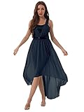 JanJean Womens Sequined Asymmetrical Chiffon Ballet Dress Leotard Lyrical Contemporary Dance Dress Navy_Blue Small