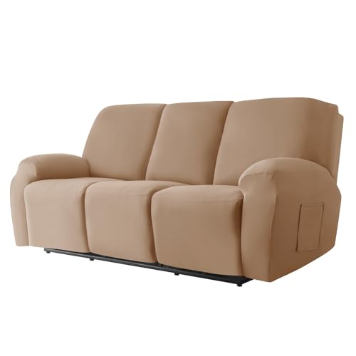 ZRCYXDW リクライニングチェアカバー 8ピース, 柔らかい リクライニングソファーカバー ストレッチ リクライニングカバー 洗える 家具プロテクター と サイドポケット付き-キャメル-3 人掛け
