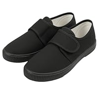 SchoolStitch® Boys Girls School Shoes, Unisex Kids Plimsole Pumps with Touch Fastening, Plain Black PE Sports Girls and Boys Gym Trainers, Kids Flat Canvas Shoes