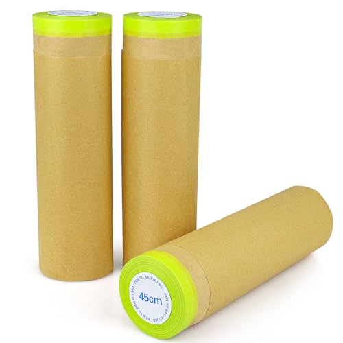 Image of BOMEI PACK 3 Rolls Pre-Taped Masking Paper for Painting - 18 inch x 50 feet Painters Paper, Tape and Drape Waterproof for Painting Protection Covering