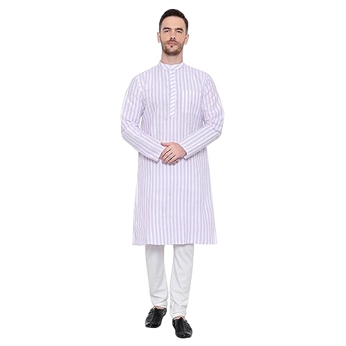 Image of LATEST CHIKAN Broad Striped Cotton Men's Long Kurtas