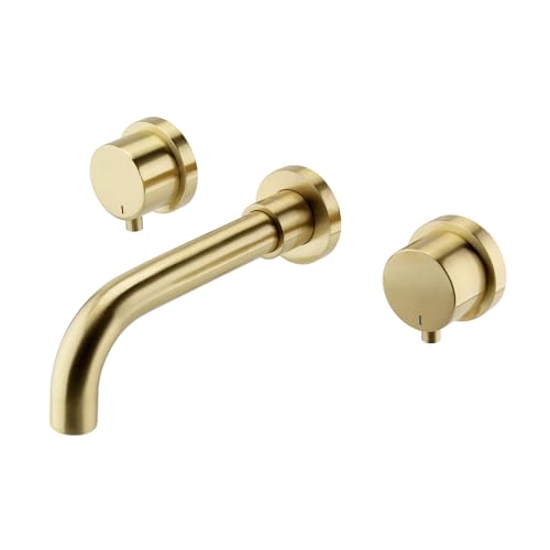 ENKI, Zara, BT0905, Brushed Brass, Wall Mounted Basin Mixer Tap, Twin Levers, 3 Hole, Solid Brass, Easy Clean, Modern Design, Easy to Install, 1-Year Guarantee