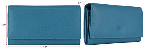 Image of Women's Top Grain Leather Wallet, RFID Blocking Bifold clutch, 17 Card Slots, Zip Pocket Organizer, Elegant Gift for Women - Birthday, Valentine, Anniversary - TURQUOISE