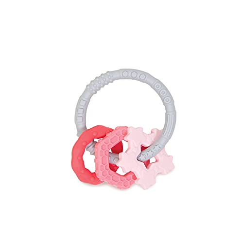 Image of Bumkins Baby Teething Freezer Toy Keys Rings, Soft Flexible Pacifier to Chew, Cool Teether Gum Relief, Babies 3 Months, Freezable Platinum Silicone, Sensory Bracelet with Charms, Pink and Gray