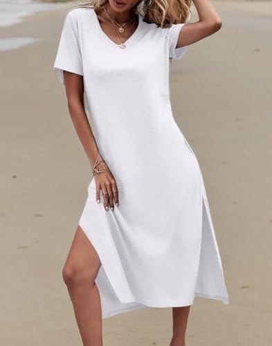 Image of Dyexces Women Summer T Shirt Dress Casual Short Sleeve V Neck Maxi Dresses Loose Side Slit Long Tshirt Dress with Pockets