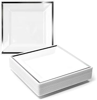 Matana - 20 Premium Square Multi-Use Plastic Silver Rim Small Dinner Party Plates - 16.5cm