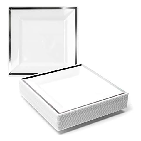 20 Platos de Plastico Duro Desechable MATANA - Blancos con Borde Plateado Cover