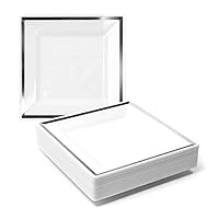 40 Piatti Quadrati In Plastica Bianca Con Bordo Argento - 20x24cm E 20x16,5cm, Per Feste Ed Eventi - Foto 13