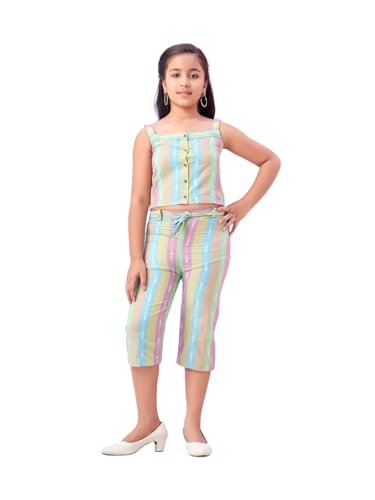 Image of Aarika Girls Casual Wear Pink Colour Stripes Print Cotton Top & Pant With Belt