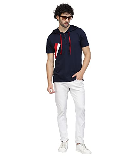Image of Kalt Men Half Sleeves Cotton Blend Colour Block Hoodie T-Shirt