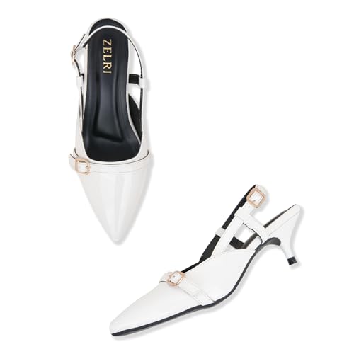 Image of Women's Pointed Toe Kitten Heels, Elegant Glossy Patent Leather Slingback Pumps with Adjustable Buckle Strap, 2-Inch Pencil Heel Sandals