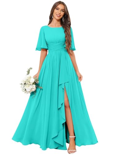 OFEECHUN Flutter Sleeve Chiffon Bridesmaid Dresses for Women with Slit A Line Ruffle Formal Wedding Guest Dress with Pockets