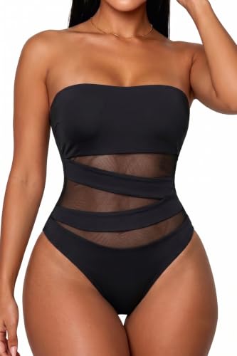 Image of Holipick Women Sexy One Piece Swimsuit Strapless Bathing Suits | Bandeau Neckline, Mesh Cutout Design, Push Up Removable Pads, High Cut, Removable Straps, Pool Beach Cruise Resort