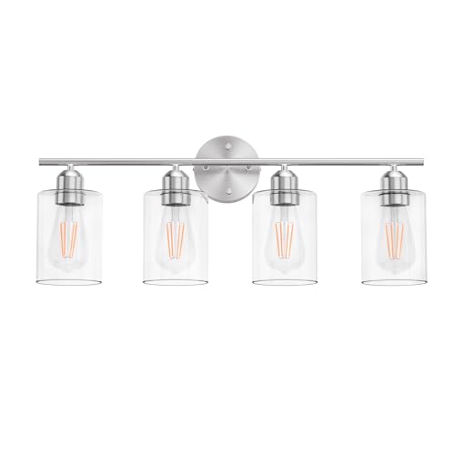 Image of Bathroom Vanity Light Fixtures Brushed Nickel,4 Lights Rustic Farmhouse Vanity Bar Lighting Over Mirror Modern Industrial Wall Sconces Lamp with Cylinder Glass Shade