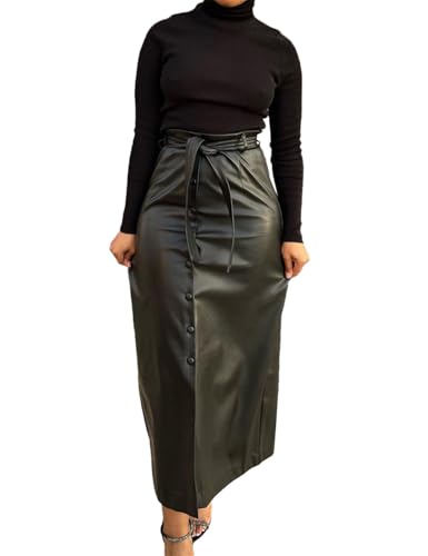 Women Button Down Front Slit Faux PU Leather Maxi Long Skirt with Belt