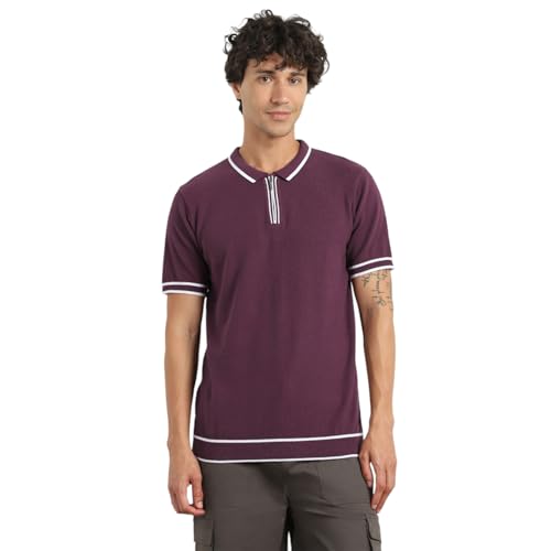 Image of NOBERO Men's Textured Polo Shirt, 100% Cotton Flat Knit, Regular Fit, Vibrant Hues, Classic Polo Collar, Soft & Breathable Casual Wear