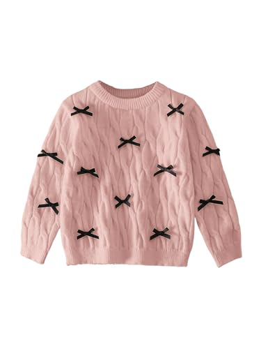 MakeMeChic Girl's Bow Decor Cable Knit Sweater Crew Neck Long Sleeve Cute Sweaters Pullover Top