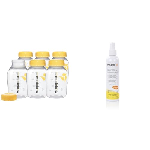 Image of Medela Breast Milk Storage Bottles 6 Pack 5 Ounce with Quick Clean Breast Pump Sanitizer Spray 8 Fluid Ounces