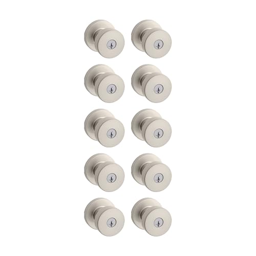 Image of Kwikset Pismo Entry Door Knob with Lock and Key, Secure Keyed Handle Exterior, Front Entrance and Bedroom, Satin Nickel, 10 Pack, Pick Resistant SmartKey Rekey Security and Microban
