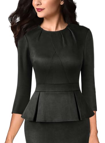 Image of VFSHOW Womens Pleated Crew Neck Peplum Slim Work Business Bodycon Dress | 3 /4 Sleeves, Professional Elegant Church, Funeral, Spring Fall, Fitted Office Pencil Sheath Dress