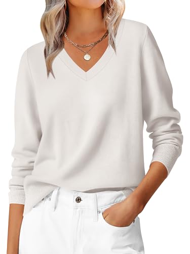 ANRABESS Womens Long Sleeve V Neck Sweaters 2025 Fall Casual Classic Soft Loose Fit Basic Pullover Jumper Top White Small