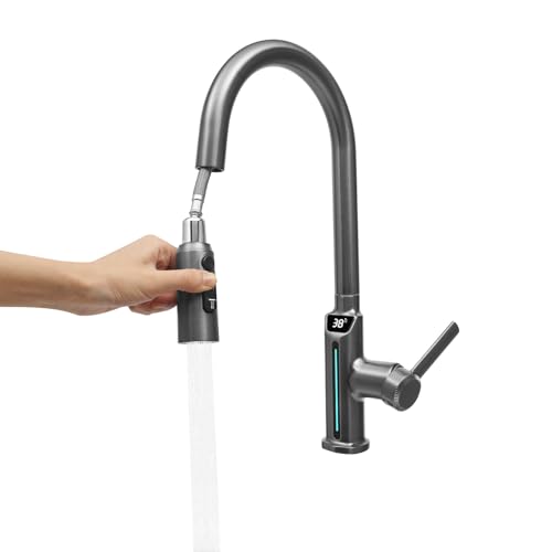 Robinet de cuisine avec douchette extensible (40 cm), pivotant à 360° pour eau chaude et froide, indicateur de température LED, mitigeur monocommande pour...