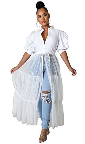 Ekaliy Women’s Plus Size Casual Tunic Tops Blouses Mesh See Through Shirts Dresses with Belt Club Party Outfit XXL White