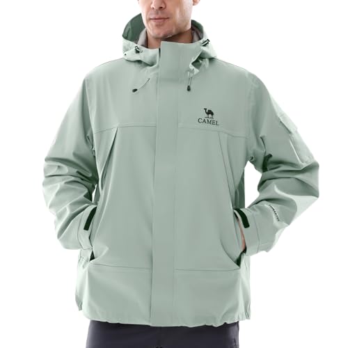 CAMEL Men's Rain Jacket - Lightweight Teflon Windbreaker Jacket with Arm Pocket & Hood for Outdoor Adventure
