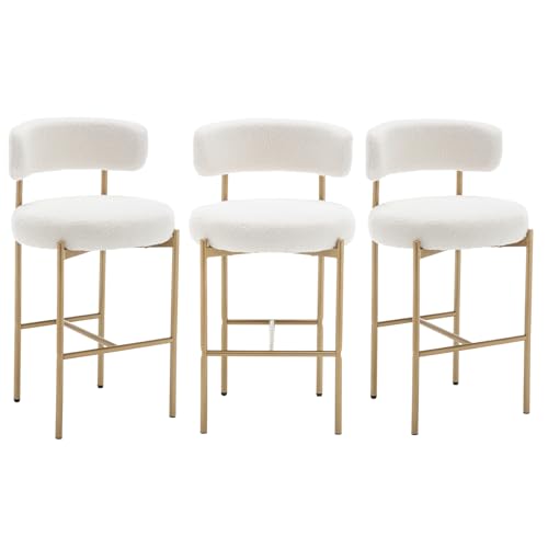 Image of Cinxzar Boucle Bar Stools Set of 3, White Counter Height Bar Stools with Backs, Gold Modern Barstools for Kitchen Island, Pub, Club