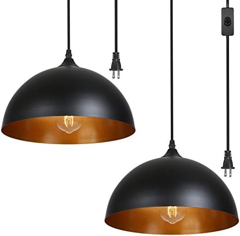 Tomshine Plug in Pendant Light, Metal Dome Hanging Pendant Light 2 Pack with 15FT Plug in Cord, On/Off Switch, for E26 Bulbs, Black Barn Pendant Light for Farmhouse Kitchen, Dining, Bedroom 2 Pack