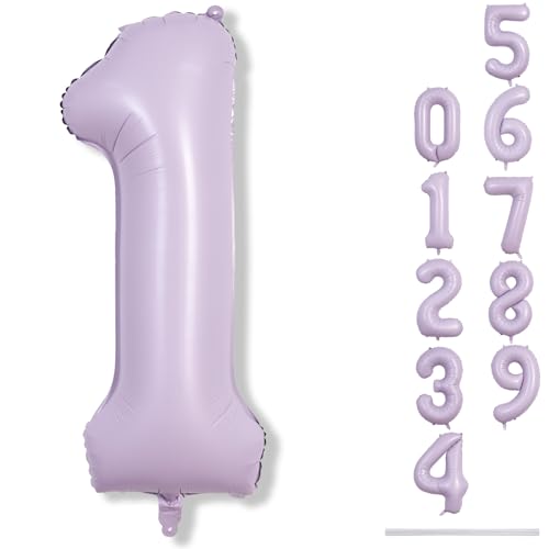 Image of 40 Inch Light Purple Number 1 Balloon for 1st Birthday Decoration, Large Pastel Purple Mylar Foil Number Balloons 0-9 for Girls, Lavender One Helium Balloons for Women 1st Anniversary Party Supplies