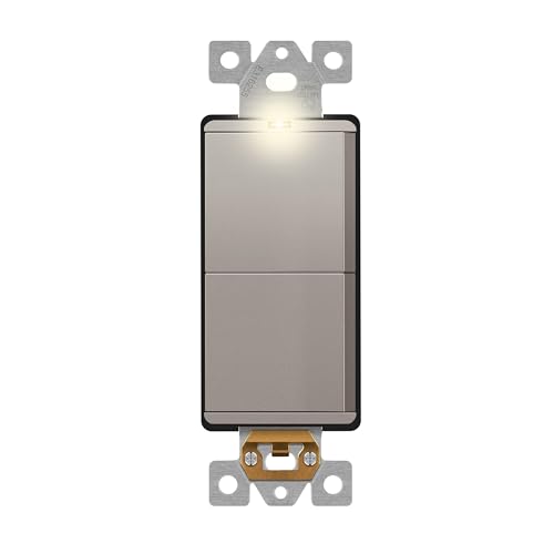 Image of LIDER Minimalist Design Lighted Double Switch, Combination Frameless Decorator Switch with Locator Light, Ground Terminal, Single Pole, 15A 120-277V, UL Listed, Thermoplastic, Matte Nickel, 1-Pack