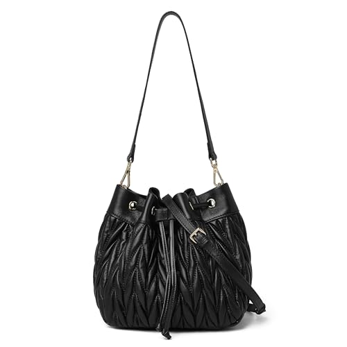 DORIS&JACKY Lambskin Drawstring Bucket Purse For Women Designer Leather Quilted Shoulder Handbags With Two Straps
