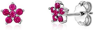 Sterling Silver Small Flower Stud Earrings Simulated Ruby for Girls 6mm