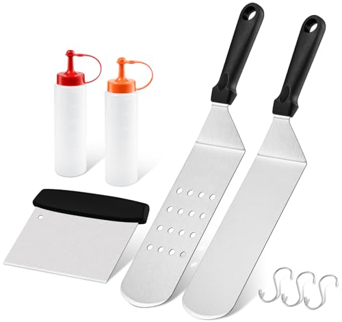 5Pcs Griddle Accessories Kit Leonyo Stainless Steel Flat Top Griddle Accessories Set of 5 Outdoor Metal Spatulas Tool Set for Flat Top Hibachi Teppanyaki Kitchen Cooking Dishwasher Safe