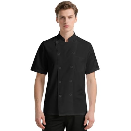 DiULi Chaquetas Cocinero Hombre, Chaquetilla de Chef Mujer, Camisa de Cocinero Manga Corta, Uniforme de Camisa con Botónes,Abrigo de Trabajo Camarero Unisex para Hosteleria,Cocina,Restaurante (Negro)