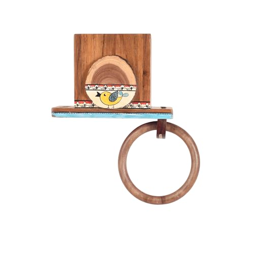 Image of AAKRITI ART CREATIONS Modern Art Teak Wood Towel Holder | Handcrafted Brushing Essentials Holder | Matte Finish Brown Wall Mounted Towel Holder for Bath & Wash Area