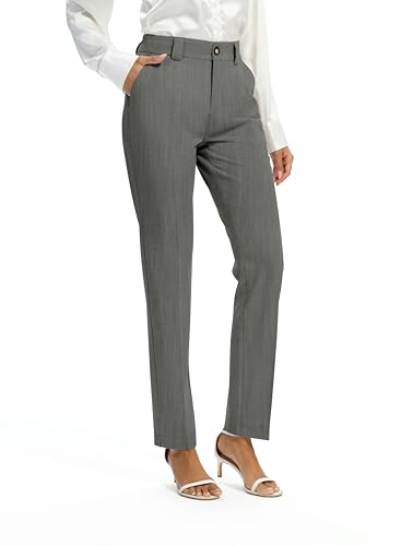 FUNYYZO Women Long Office Pants High Waisted Work Pants Dressy Casual Straight Leg Elastic Waist Suitpants