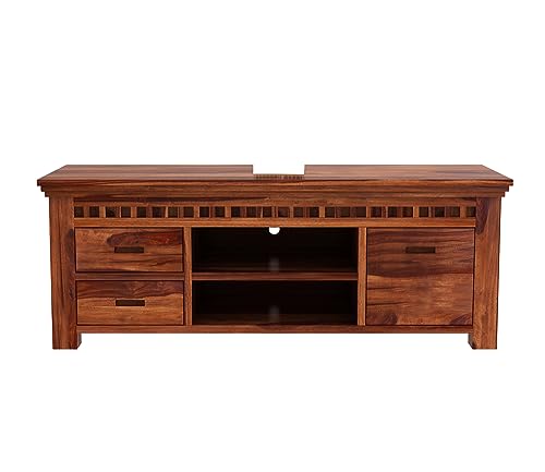 Image of Premium Solid Sheesham Wood TV Unit for Living Room: 2 Drawers, 2 Shelves, and 1-Door Storage - Accommodates up to 50-Inch TV (Declan, Honey Finish)