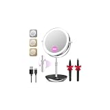 Auxmir 9' Miroir Grossissant Lumineux, 1X/30X Double Face, Miroir de Maquillage Réglable en Hauteur de 38 à 47 cm, 3000mAh Chargement USB, Miroir de Table 3 Couleurs Lumière Réglables, Rotation à 360°