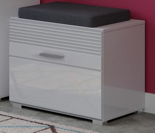 Inn.Furn Garderobe Sitzbank weiß Hochglanz Garderobenbank Schuhschrank 60 x 47 cm Leon (mit Sitzkissen)