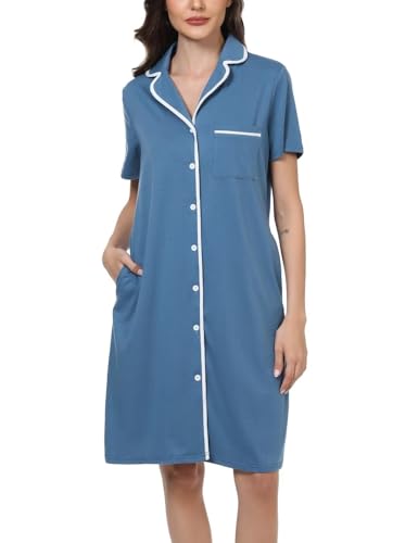 Quoboquo Camicia da Notte Donna con Bottoni Vestito da Notte Manica Corta Cotone Aperta Davanti Pigiama Donna