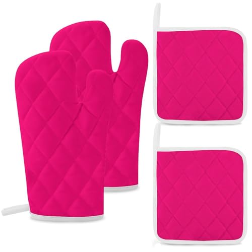 4PCS Oven Mitts and Pot Holders Sets, Chic Hot Pink Fuchsia Solid Plain Elegant Modern Oven Mitts Set Heat Resistant Kitchen Microwave Gloves Safe for Baking,Cooking, BBQ